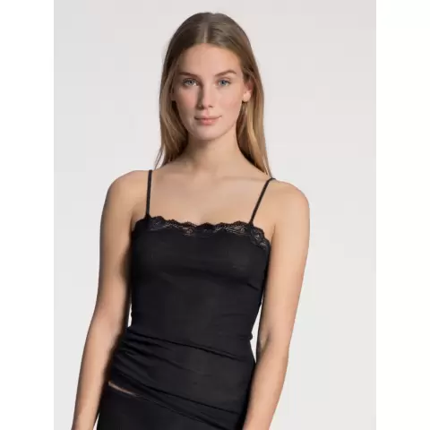 Richesse Lace Spaghetti Top, Uld/Silke Sort