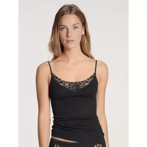 Feminin Spaghetti Top Med Blonde, Sort Feminin Spaghetti Top Med Blonde, Sort