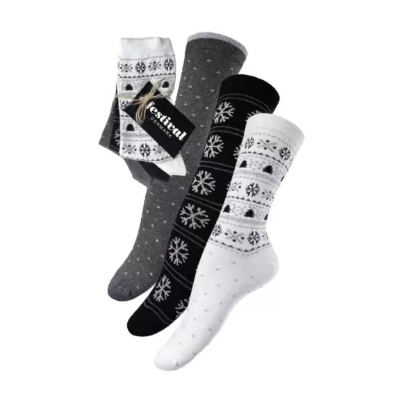 Festival - 3 Pak Christmas Socks Cotton, White/Black/Grey