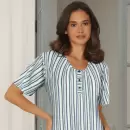 Wiki - Lang Bambus Natkjole Med Korte Ærmer, Blue/Grey Stripe