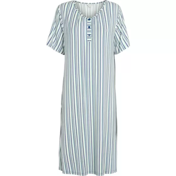 Wiki - Lang Bambus Natkjole Med Korte Ærmer, Blue/Grey Stripe