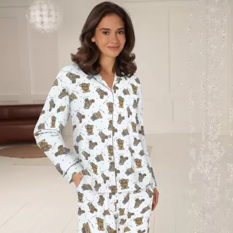 Cotton Flannel Pyjamas, Blue Teddy